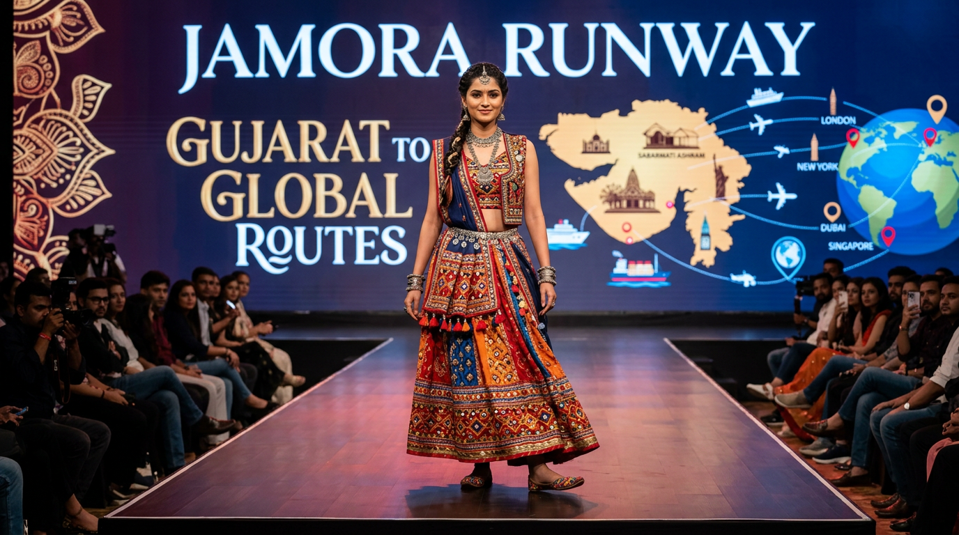 Firefly_GeminiFlash_model wearing gujarati indo western outfit on runway depicting Gujarat to Global Rout 119376 (1) – Copy